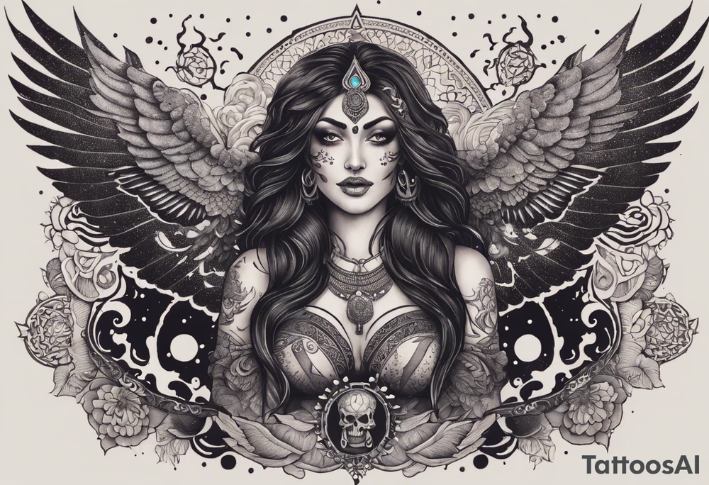 black kali, goddess pirate, alien, angel, pachamama, valkrye, warrior, flying, skull, lotus azul, wing, eagle, zenza resonance, stars, 5D, anahata chakra, death, durga, riding on a tiger, flying lady, chest tatoo tattoo idea