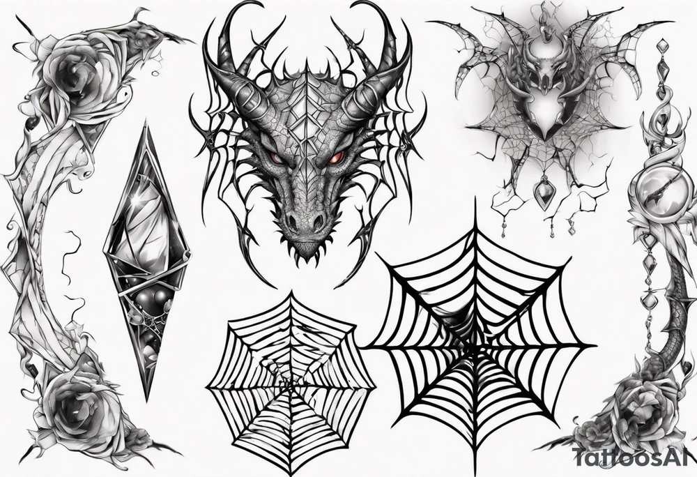 Dragon spiral spiderweb shattered chalices jewels, unicorn horn and a spider tattoo idea