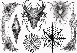 Dragon spiral spiderweb shattered chalices jewels, unicorn horn and a spider tattoo idea
