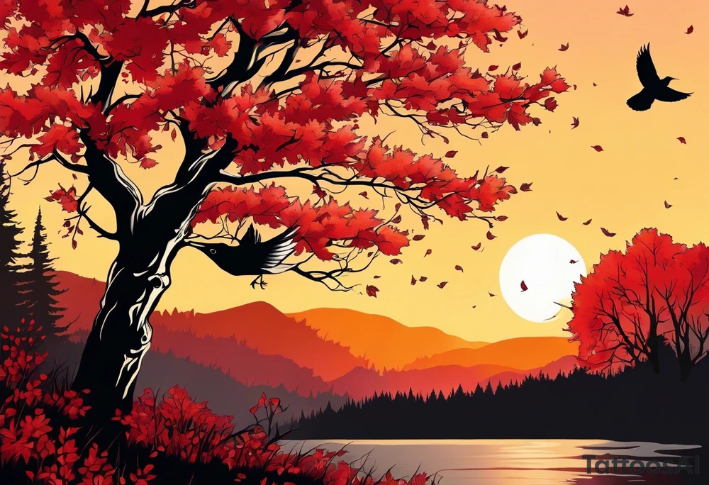 Arm tattoo. Long tattoo. Full sleeve. Shoulder. A single large maple tree with red autumn leaves that branches upwards from wrist to shoulder. White-throated dipper bird on the trees branches. Calluna flowers at the base of the trees stem. Tree stem has dark colors. Red/yellow sunset behind the trees stem. Leaves falling. tattoo idea
