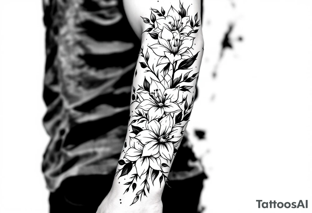 starting from a band mid-forearm, a sleeve of holly flowers and daffodils tattoo idea