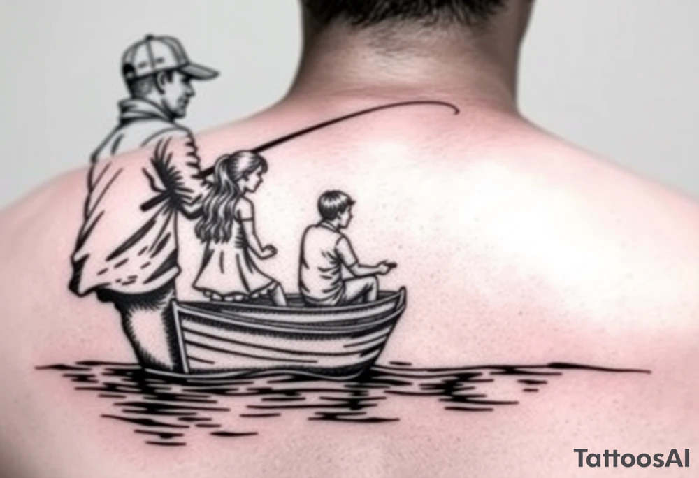 Dad fishing with 
1 daughter and 2 sons
With lake boat tattoo idea