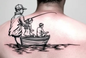 Dad fishing with 
1 daughter and 2 sons
With lake boat tattoo idea