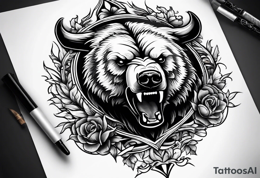 I want a sleeve tattoo design combining a bear fighting a bull tattoo idea