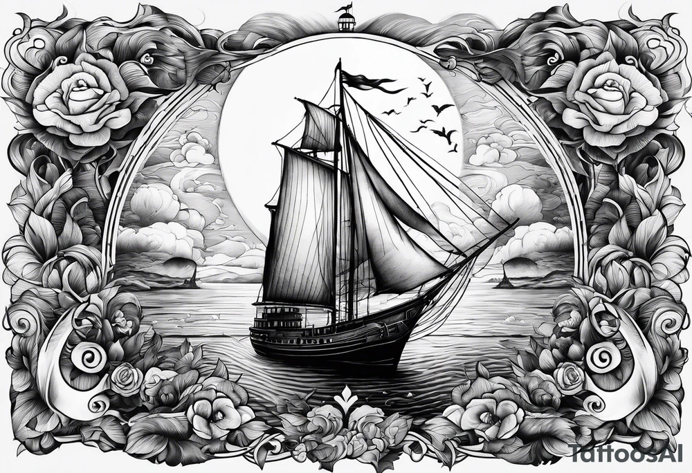 bateau, phare maritime et lune bleu tattoo idea
