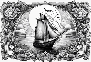 bateau, phare maritime et lune bleu tattoo idea