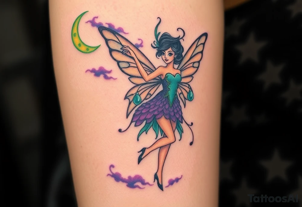 Tim Burton’s pin up style Vintage Parisian elegant and hauntingly beautiful yet eerie full body absinthe Green Fairy dances outside her victorian crystal decatur absinthe bottle Absinthe Art Nouveau   and dripping with muted reds, dusty pinks, and eerie green glow.purple and cyan smokey clouds swirl in the crescent moonlit sky thats sprinkled with stars tattoo idea