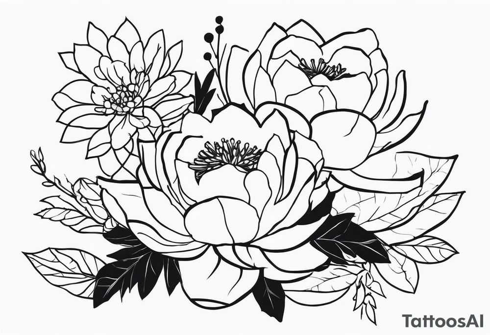 a flower bouquet with water lilies, peonies, and holly branches where the stems come together and say "resilience" in cursive and it is all tied together with a bow that says "september 1, 2009" tattoo idea