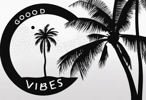 a minimalist tattoo of a sun and a palm tree with the words good vibes below it, make it only small and can fit in a circle tattoo idea