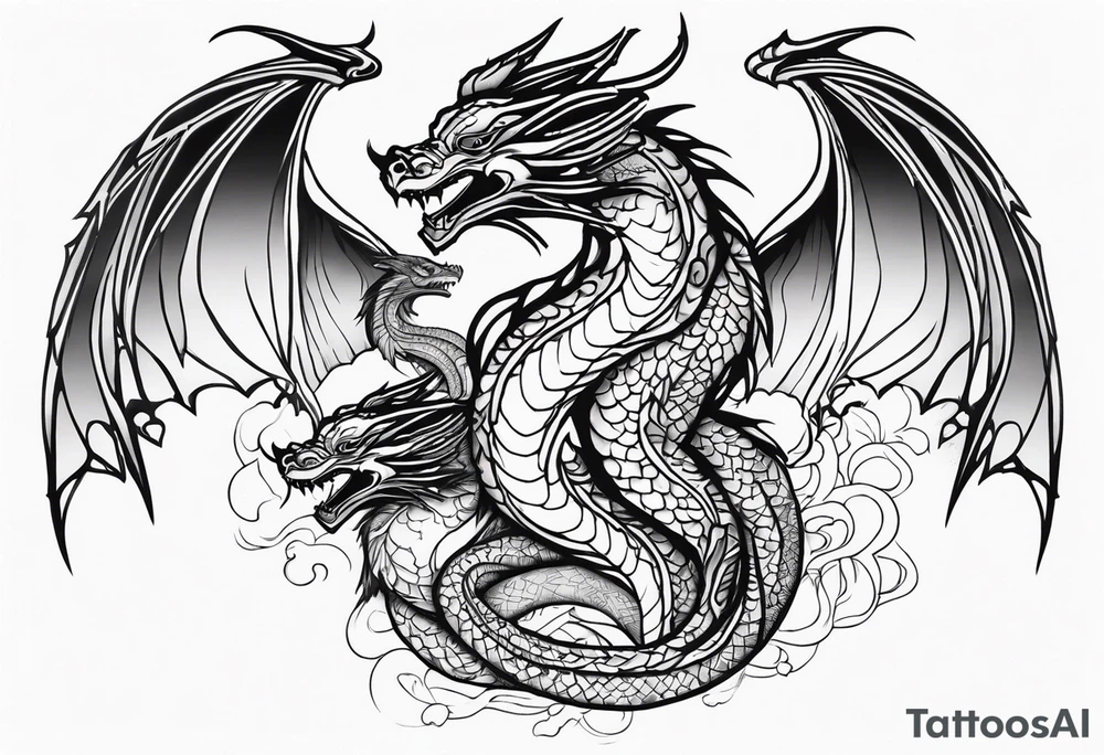 Mother dragon wings spread protecting her 3 young dragons tattoo idea
