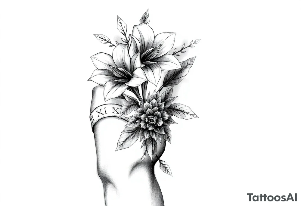 narcissus flowers and holly with 2 bands with roman numerals around them tattoo idea