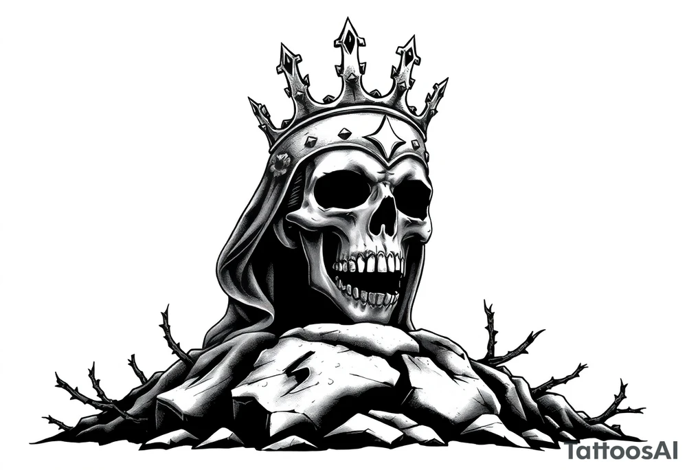 A crowned skull or warrior rising from a stone barrow, cloaked in shadows and thorns. tattoo idea