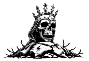 A crowned skull or warrior rising from a stone barrow, cloaked in shadows and thorns. tattoo idea