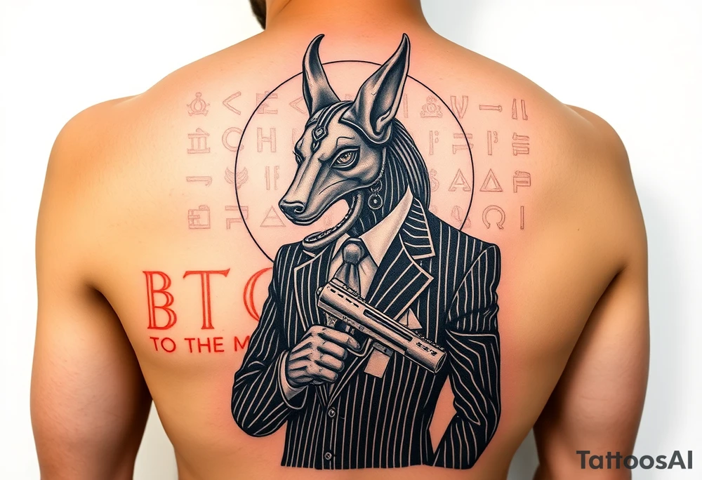 "Anubis in a 1920s gangster pinstripe suit, holding a tommy gun. His jackal head is half-cyborg (exposed circuits). Hieroglyph background spells 'BTC TO THE MOON'.  

Style: Art Deco meets cyber-Egyptian. Black/red/gold ink. Forearm sleeve." tattoo idea