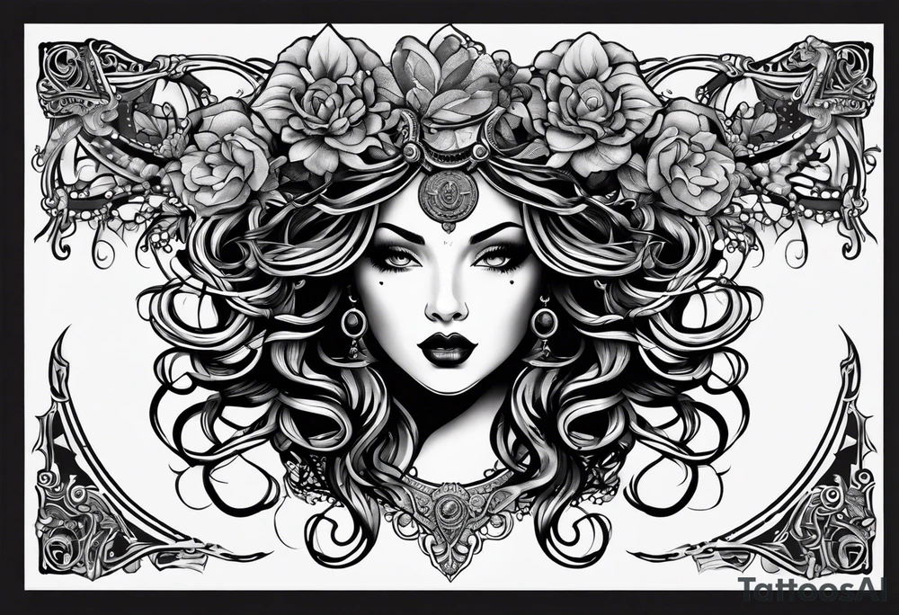 Gothic Medusa lady head blackwork tattoo idea