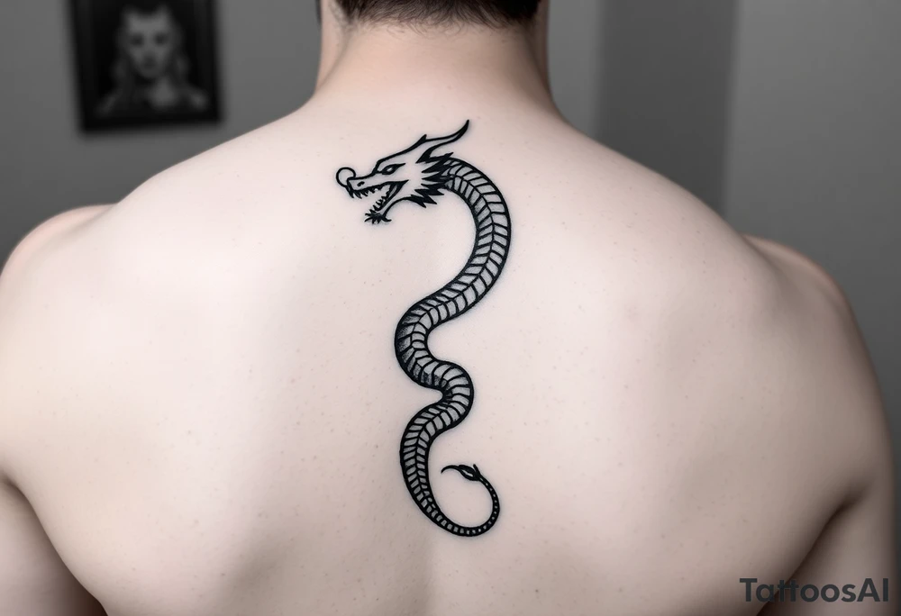 A refined black ink tattoo design for the back,  a minimalist tribal-style dragon curls in a spirals along the spine, symbolizing inner power and spiritual awakening. tattoo idea