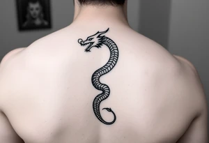A refined black ink tattoo design for the back,  a minimalist tribal-style dragon curls in a spirals along the spine, symbolizing inner power and spiritual awakening. tattoo idea