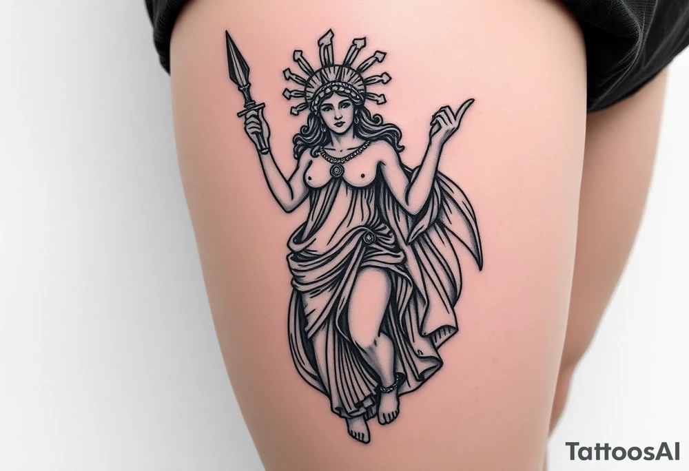 outer thigh tattoo greek sculpture athena, fine line tattoo idea