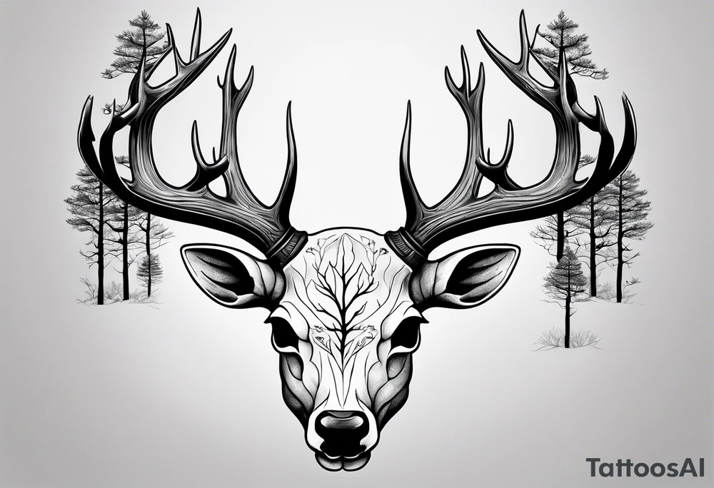 A side view of a dead deer skull surrounded by trees and fire tattoo idea
