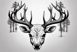 A side view of a dead deer skull surrounded by trees and fire tattoo idea