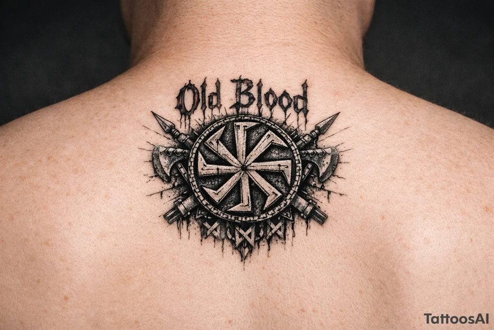 Old pagan Slavic kolovrat with Old Blood written in blood tattoo idea