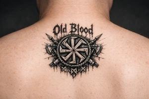 Old pagan Slavic kolovrat with Old Blood written in blood tattoo idea
