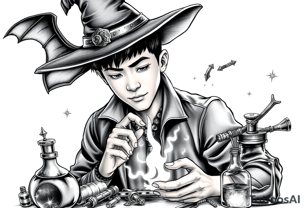 Handsome Asian young adult guy is  accidentally stumbled upon witch tools, supplies, artifacts, potions and exploring it curiously tattoo idea