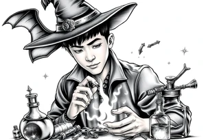 Handsome Asian young adult guy is  accidentally stumbled upon witch tools, supplies, artifacts, potions and exploring it curiously tattoo idea
