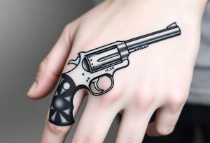 Revolver .45 caliber elegant but simple art work on gun. With barrel being pointer finger and but of gun near wrist. tattoo idea