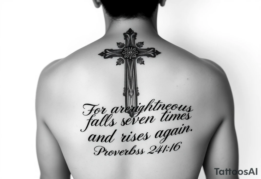 Upper forearm vertical tattoo layout. A large, ornate Christian wood-grain cross serves as the center anchor. Flows into elegant Chicano-style cursive calligraphy that completely fills the upper forearm space. The text spells out the full verse: "For the righteous falls seven times and rises again. Proverbs 24:16". Deep black ink, sharp fine-line details, drop shadows under the letters for depth. Solid white backdrop, absolutely no clouds or smoke backgrounds. tattoo idea