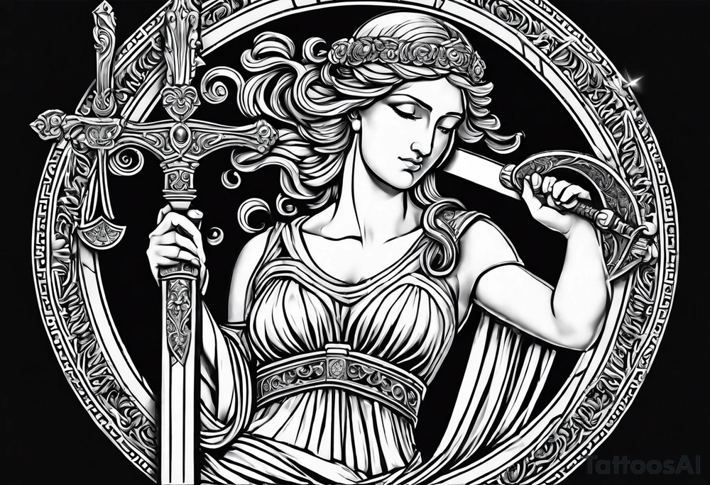 "I would like to depict Themis (Greek Goddess of Justice) cutting her own eyes with her sword." tattoo idea