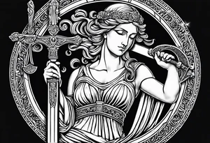 "I would like to depict Themis (Greek Goddess of Justice) cutting her own eyes with her sword." tattoo idea