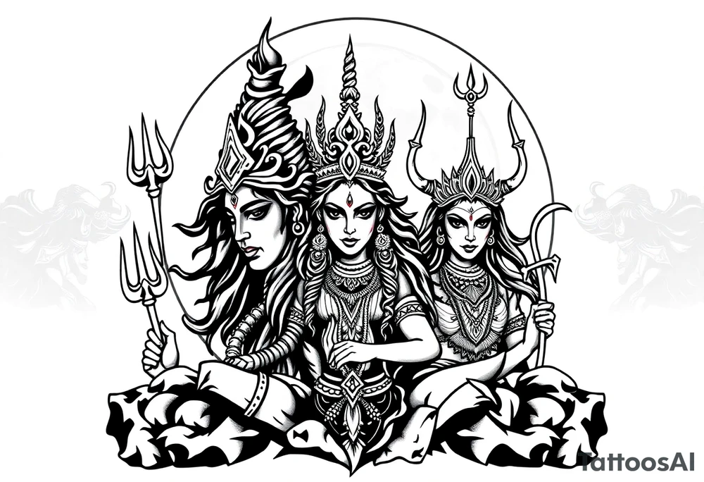 Lord Shiva, Godess Kali, Godess Lilith with the moon phases in the background tattoo idea