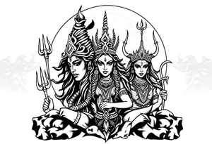 Lord Shiva, Godess Kali, Godess Lilith with the moon phases in the background tattoo idea