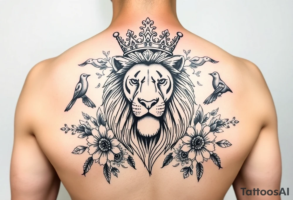powerful majestic lion with a crown, surrounded by floral ornaments and birds tattoo idea