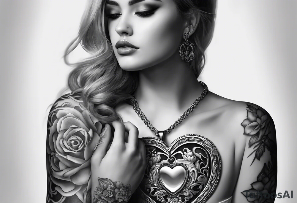 necklace heart locket with a male and female shadow hugging tattoo idea