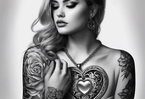 necklace heart locket with a male and female shadow hugging tattoo idea