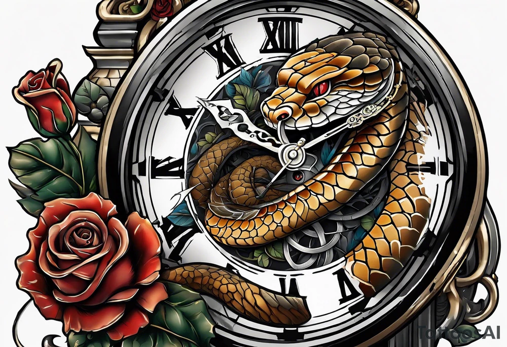 Powerful King cobra wrapped around an old broken watch clock with dead roses all around in the background tattoo idea
