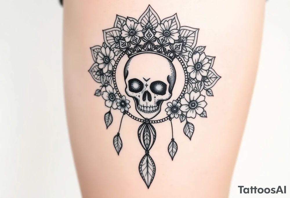 Mandala dream catcher lace with delicate skull and flowers wearing elegant crown tattoo idea