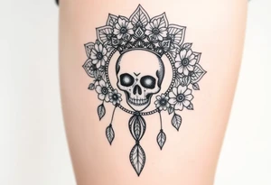 Mandala dream catcher lace with delicate skull and flowers wearing elegant crown tattoo idea