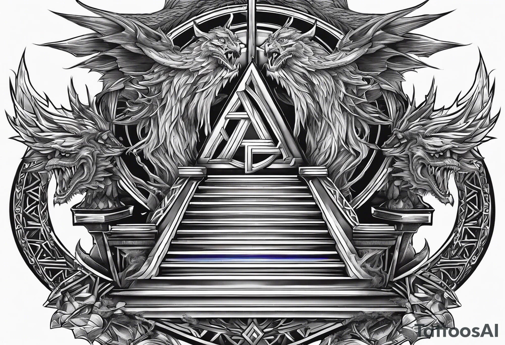 Valhalla sword shield dragon axe stairs Valknut barbed wire chains valknut fire tattoo idea Valhalla sword shield dragon axe stairs Valknut barbed wire chains valknut fire tattoo idea