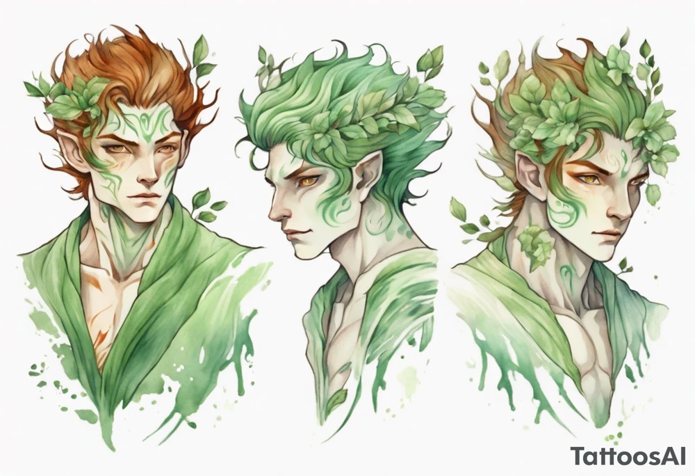 a slender and beautiful male dryad with pale green skin and auburn hair tattoo idea