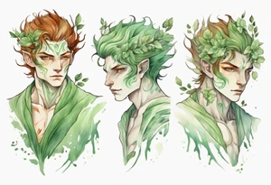 a slender and beautiful male dryad with pale green skin and auburn hair tattoo idea