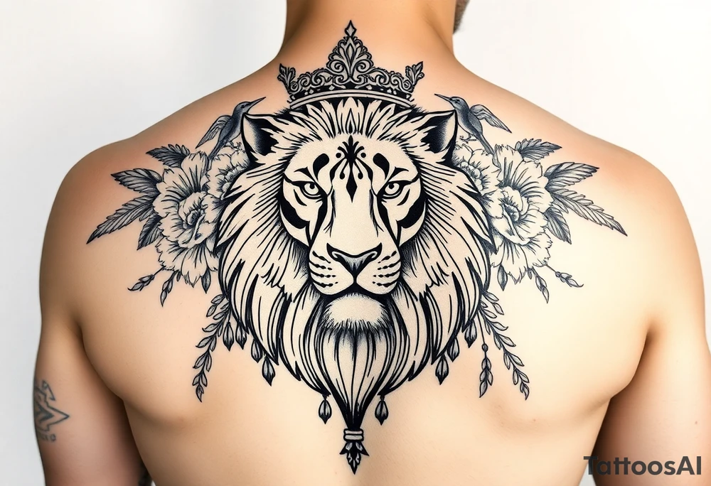 powerful majestic lion with a crown, surrounded by floral ornaments and birds tattoo idea