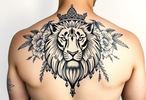 powerful majestic lion with a crown, surrounded by floral ornaments and birds tattoo idea