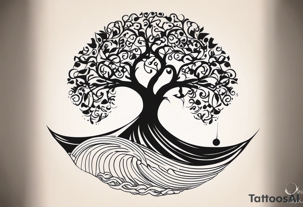 an abstract Tree of Life tattoo. It should have roots growing out of the bottom. The roots slowly turn into water from the Great Wave by Hokusai. A golf flag should be placed discreetly growing out of the ground. 2 license plate tags should be hanging from the tree. Place a few music notes in the areas the leaves should be. The letters A U should be engraved into the tree trunk in a heart. tattoo idea