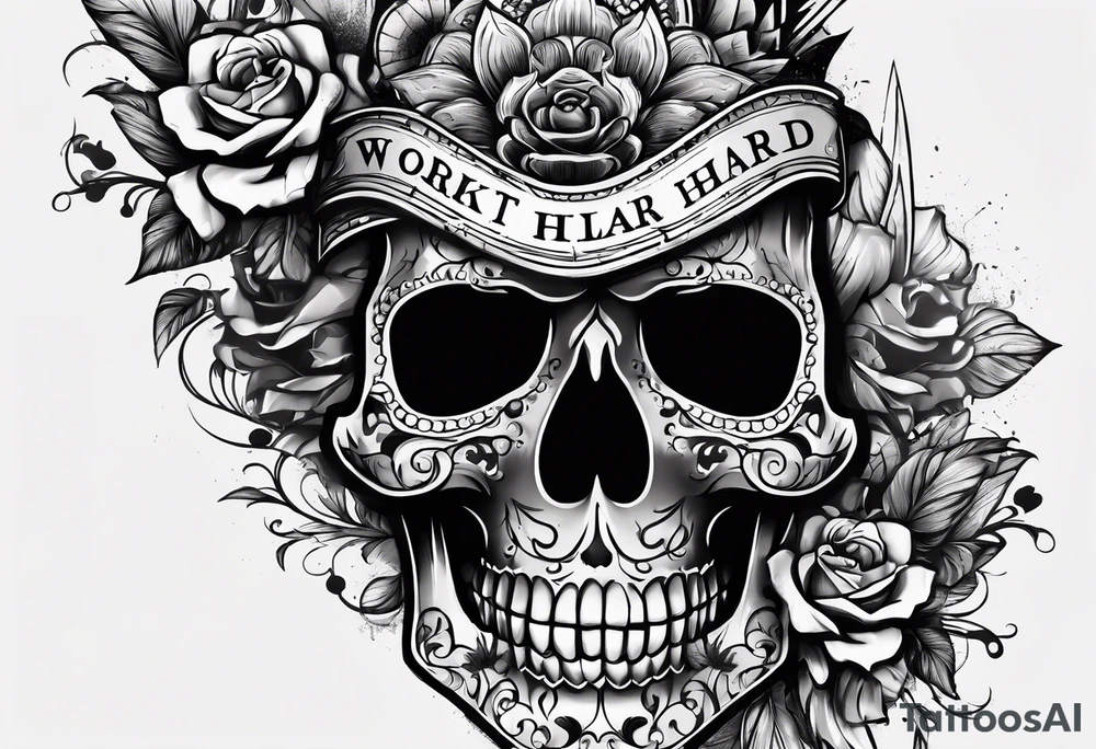 I want a tattoo with a skull design containing the letters "work hard, play hard". tattoo idea