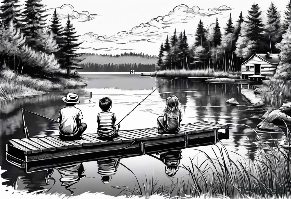 forearm tattoo set on a dock on a lake. There is a little boy sitting next to a little girl. The little boy is fishing and the little girl is reading. There are trees surrounding the lake. tattoo idea