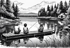 forearm tattoo set on a dock on a lake. There is a little boy sitting next to a little girl. The little boy is fishing and the little girl is reading. There are trees surrounding the lake. tattoo idea