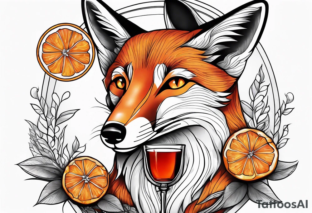 Adult fox holding a Negroni in a crystal glass with an orange peel looking forward tattoo idea